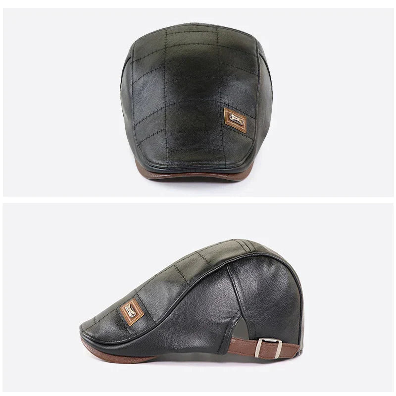 Boina italiana masculina de couro Ferrutini FRT278, com design clássico, em couro premium, ajustável (56-60 cm), ideal para looks casuais ou formais, em preto, marrom claro e marrom escuro.