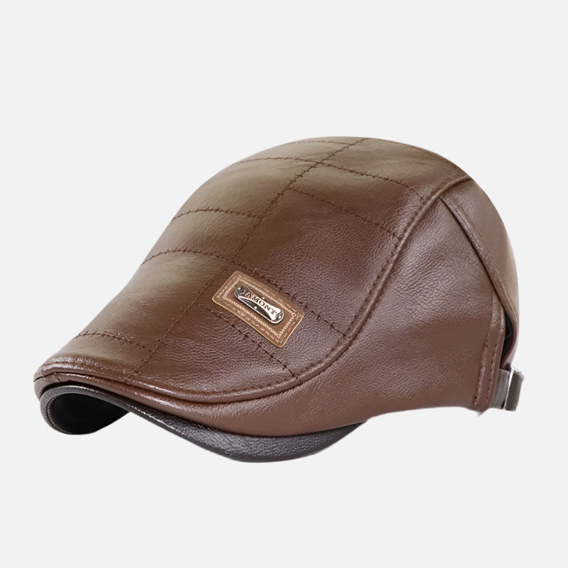 Boina italiana masculina de couro Ferrutini FRT278, com design clássico, em couro premium, ajustável (56-60 cm), ideal para looks casuais ou formais, em preto, marrom claro e marrom escuro.