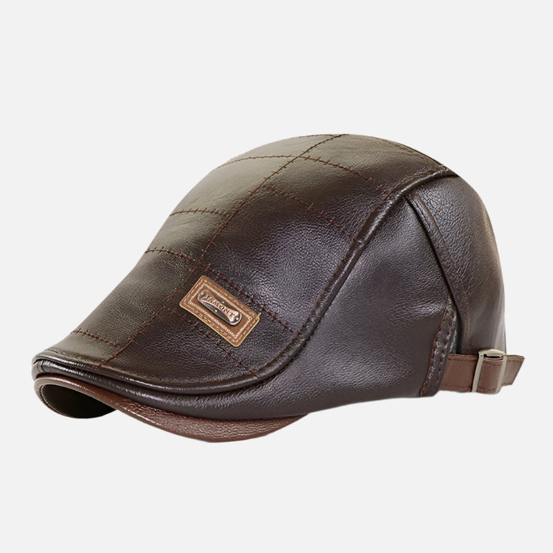 Boina italiana masculina de couro Ferrutini FRT278, com design clássico, em couro premium, ajustável (56-60 cm), ideal para looks casuais ou formais, em preto, marrom claro e marrom escuro.