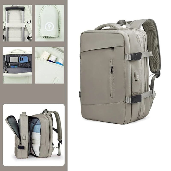 Mochila Ferrutini FRT425, em nylon resistente, 36-75L, com USB e divisórias, softback, ideal para viagens, negócios ou lazer, design elegante e confortável.