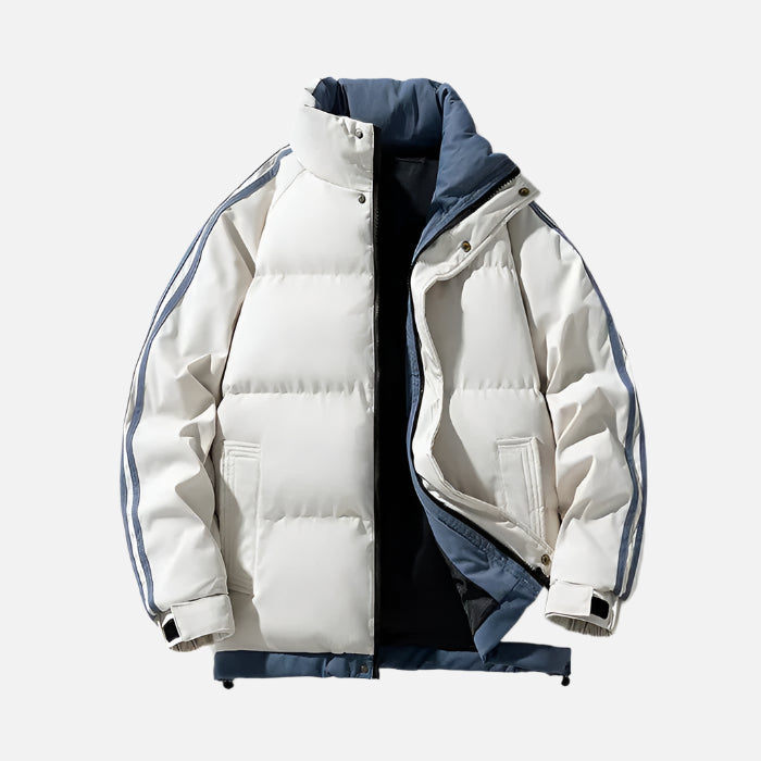 Jaqueta bobojaco masculina Ferrutini FRT143, com design moderno, em nylon e poliamida, bolsos impermeáveis, botões na gola, ideal para inverno, em branco, preto e azul.