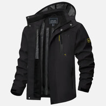 Jaqueta impermeável masculina Ferrutini FRT166, com design moderno, em poliéster, espessura grossa, com capuz, ideal para dias chuvosos e atividades ao ar livre, com zíperes frontais.
