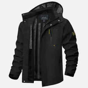 Jaqueta impermeável masculina Ferrutini FRT166, com design moderno, em poliéster, espessura grossa, com capuz, ideal para dias chuvosos e atividades ao ar livre, com zíperes frontais.