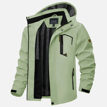 Jaqueta impermeável masculina Ferrutini FRT166, com design moderno, em poliéster, espessura grossa, com capuz, ideal para dias chuvosos e atividades ao ar livre, com zíperes frontais.