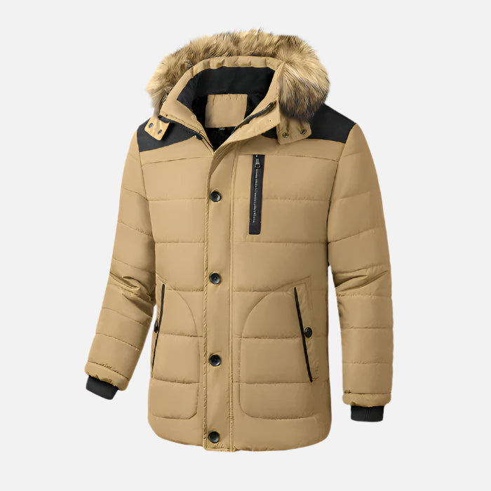 Jaqueta masculina acolchoada Ferrutini FRT214, com estampa lisa, em algodão e lã, ideal para inverno, com multi-compartimentos, gola acolchoada, zíper e botão, para ambientes externos.
