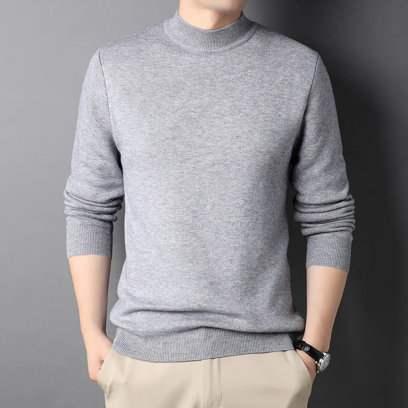 Suéter masculino Ferrutini FRT240, em lã e poliéster, gola alta, manga comprida, design elegante, ideal para outono e inverno, disponível em bege, vinho, preto, verde, cinza e azul escuro.