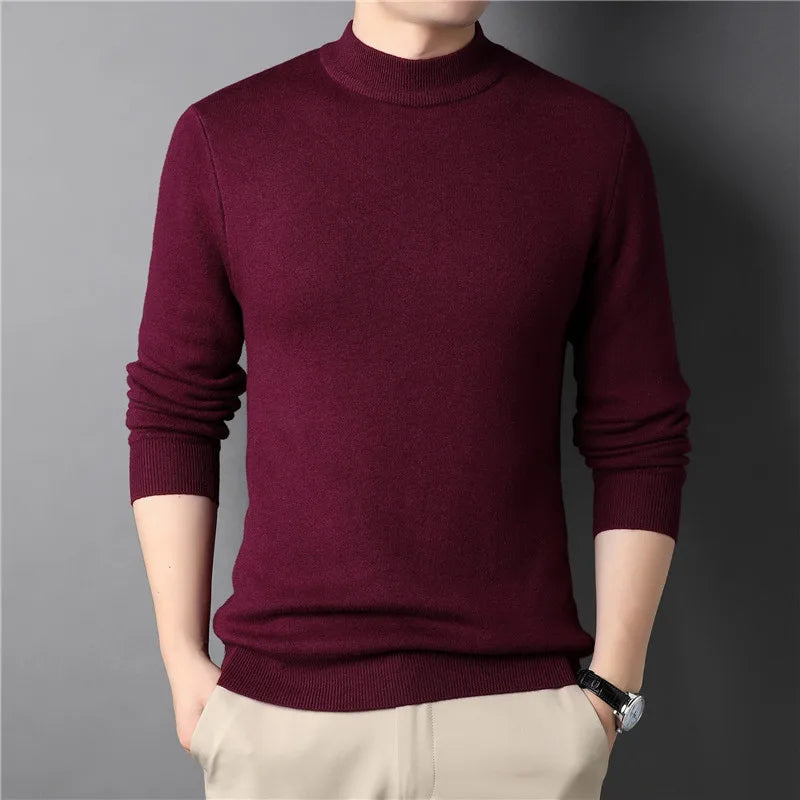 Suéter masculino Ferrutini FRT240, em lã e poliéster, gola alta, manga comprida, design elegante, ideal para outono e inverno, disponível em bege, vinho, preto, verde, cinza e azul escuro.
