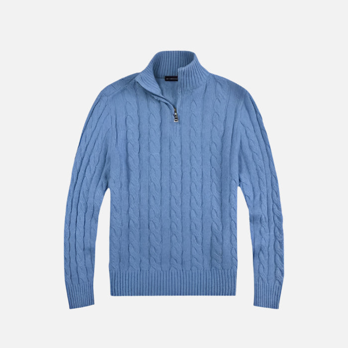 Suéter masculino em tricot Ferrutini FRT221, com design elegante, em algodão, meio zíper, respirável e sustentável, ideal para sobreposições sofisticadas, com manga comprida.