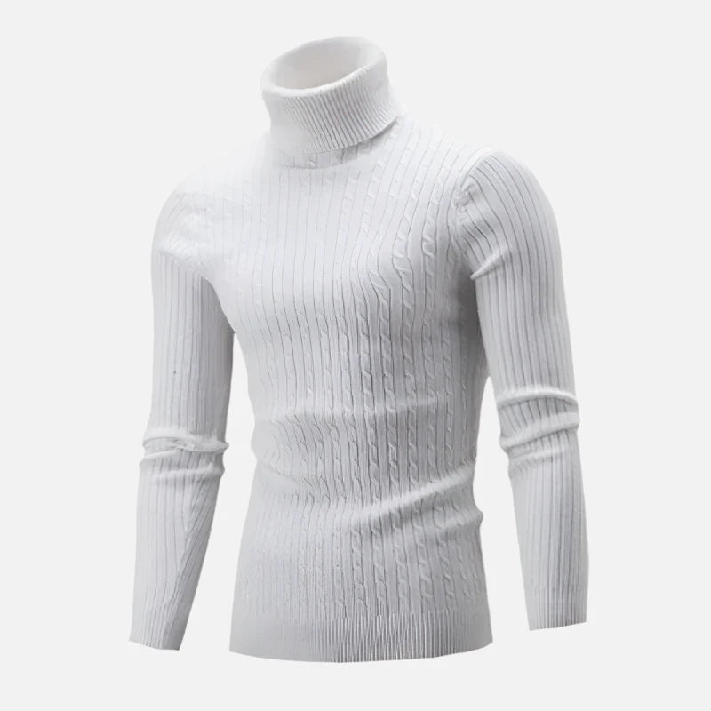 Suéter masculino Ferrutini FRT231, em lã premium, gola alta, manga comprida, design sofisticado, ideal para looks casuais ou formais, confortável para dias frios.